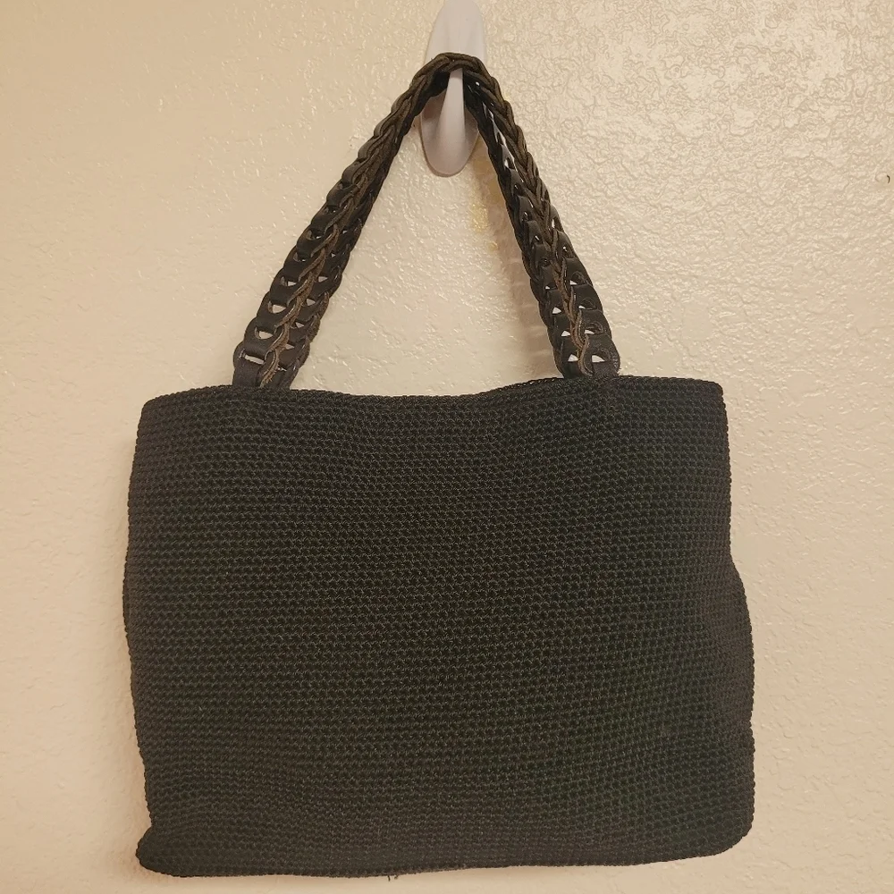 THE SAK Small Braided Leather Straps Black Woven Crochet Boho Handbag